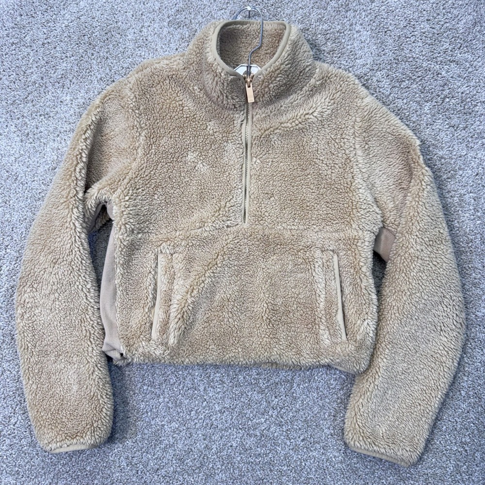 Alo Yoga Pullover Women XS Sherpa Quarter Zip Tan Cropped EUC